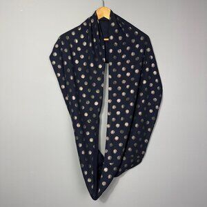 Ladies Infinity Scarf. Dark Blue with Silver circles. 100 polyester.
